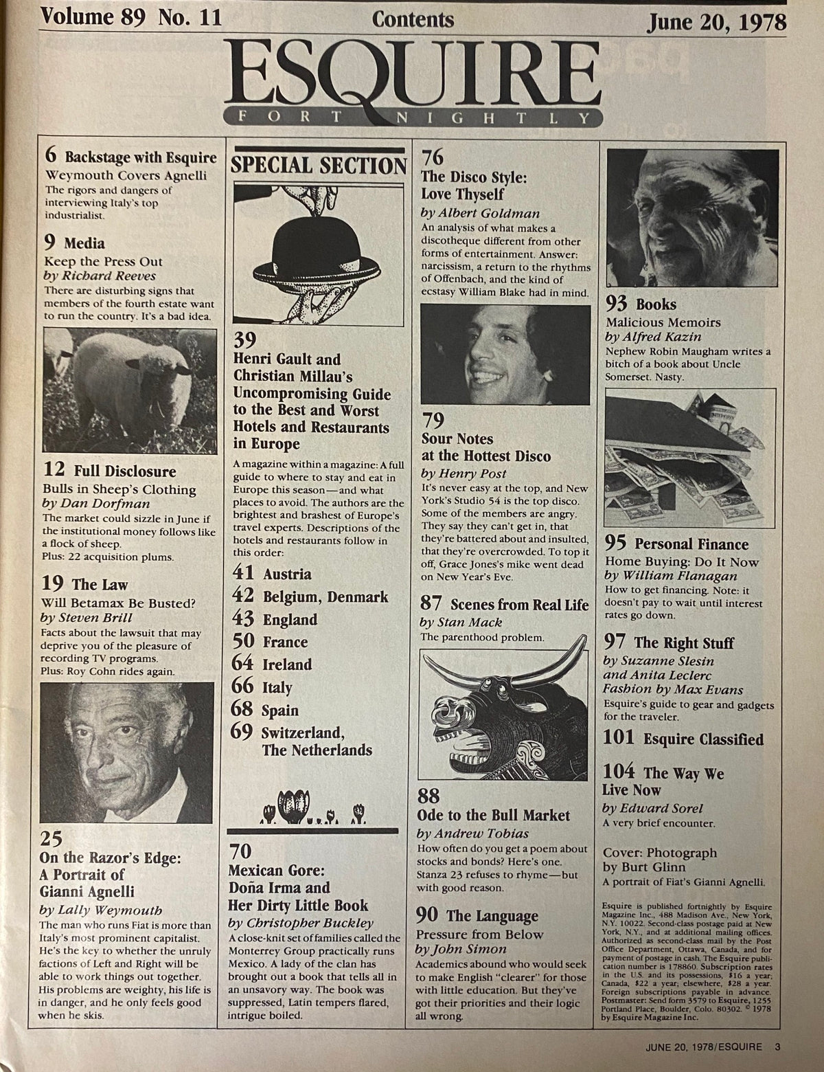 Table of Contents for Esquire Magazine June 20, 1978, highlighting key articles including 'On the Razor’s Edge: A Portrait of Gianni Agnelli'.