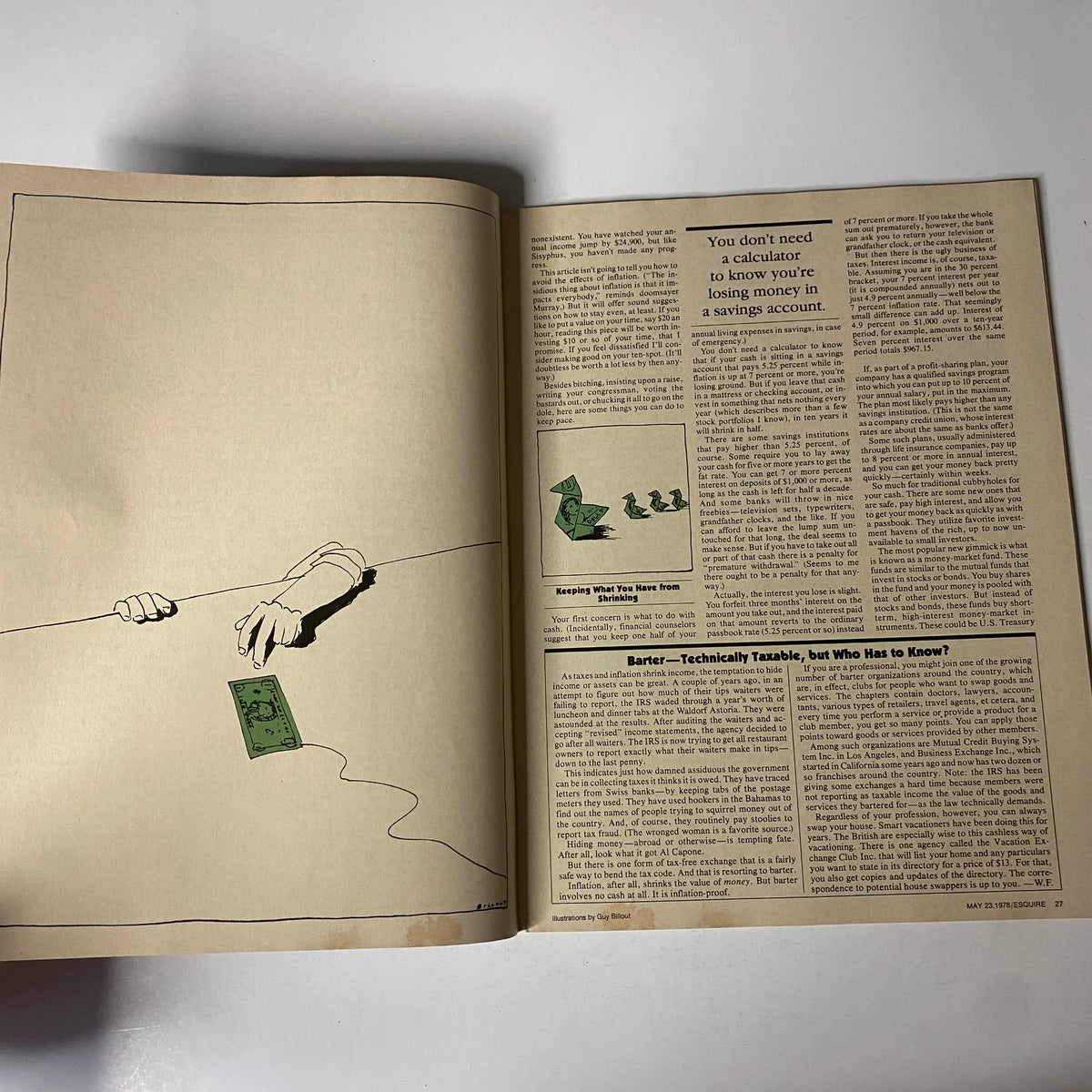 Inside page of Esquire Magazine May 23, 1978 titled 'The Squeezing of Americans', showcasing an illustration related to the article on losing money in savings accounts.