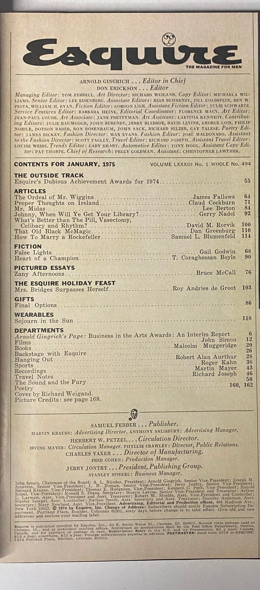 Contents page of Esquire Magazine January 1975, listing articles and features including The Ordeal of Mr. Wiggins and Proper Thoughts on Ireland.