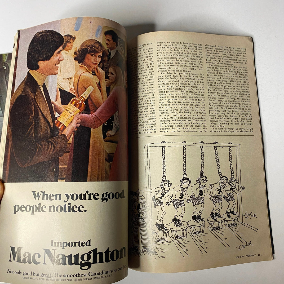 Inside pages of Esquire Magazine February 1977 showcasing an advertisement for MacNaughton whiskey with a social gathering scene and humorous illustrations.