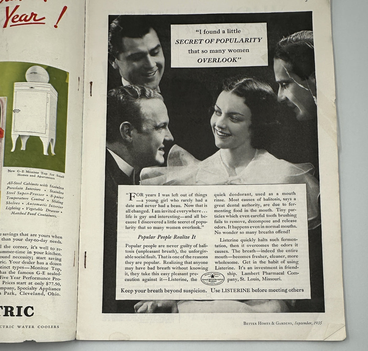 Advertising page from Better Homes & Gardens Magazine September 1935, illustrating a beauty tip stated as 'A little SECRET of POPULARITY that so many women OVERLOOK,' portrayed alongside an attractive image of a group engaging in conversation.