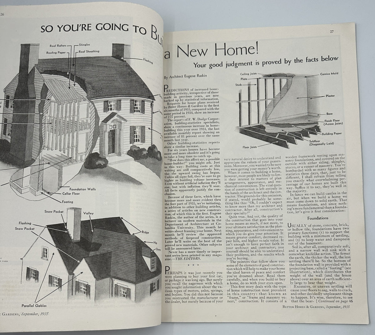 Another informative page from Better Homes & Gardens Magazine September 1935 featuring a guide titled 'So You’re Going to Build a New Home!' emphasizing practical architectural advice illustrated through sketches and descriptive text.