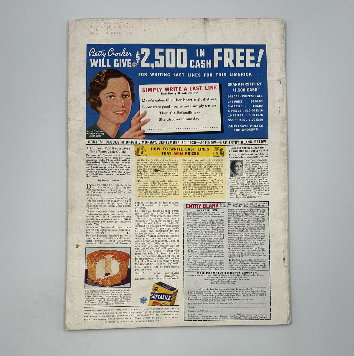 Back cover of Better Homes & Gardens Magazine, September 1935 featuring an advertisement for a contest by Betty Crocker offering $2,500 in cash for writing last lines for a limerick. The design includes promotional text and a recipe for cake, showcasing vintage magazine style.