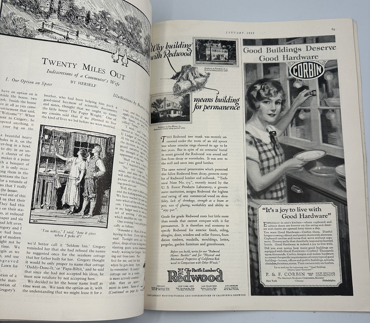 Interior page from House Beautiful Magazine January 1925 featuring an article titled 'Twenty Miles Out' and advertisements for building materials with illustrations.