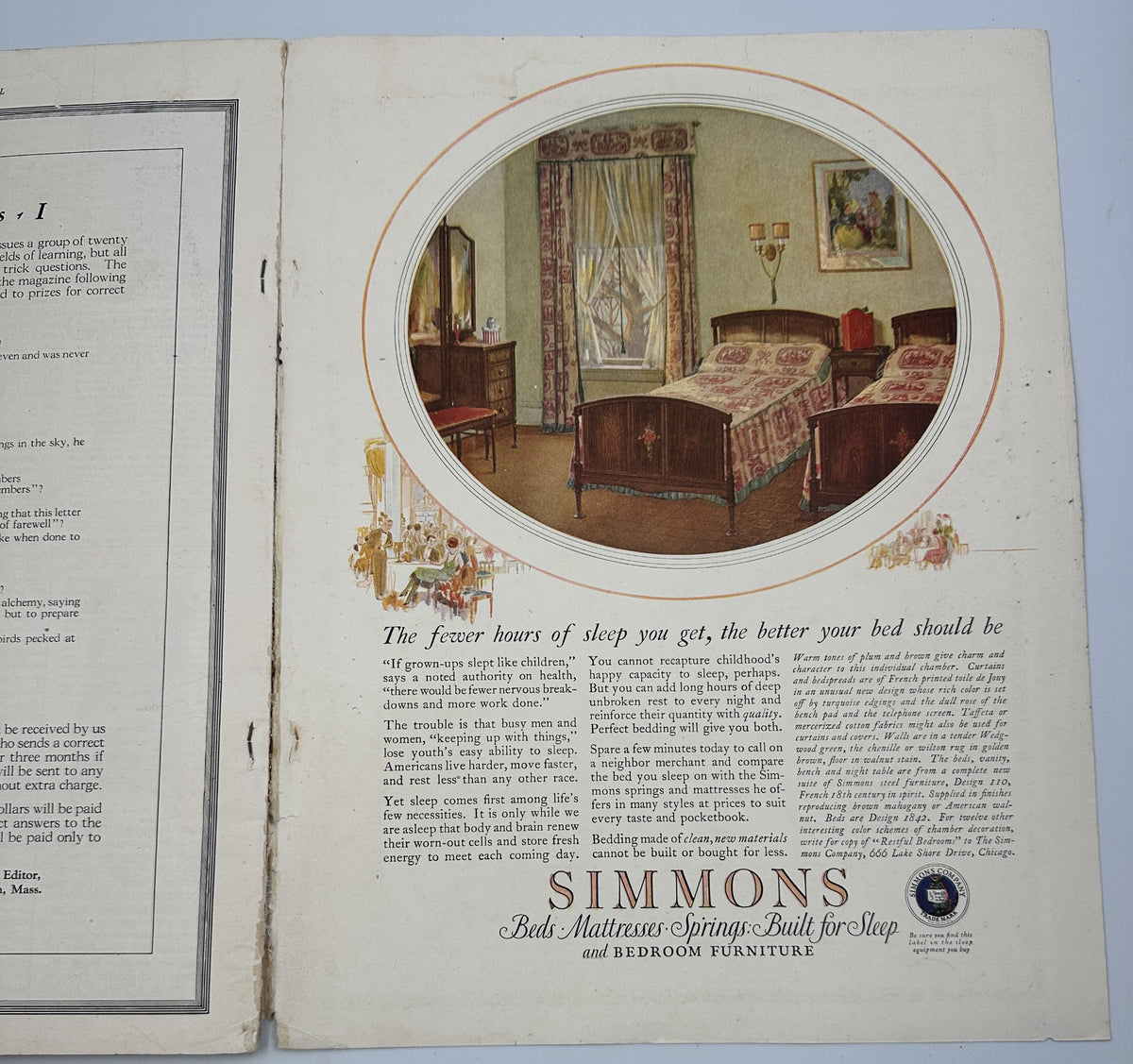 Advertisement for Simmons Beds featured in House Beautiful Magazine January 1925 showcasing bedroom furniture and a focus on sleep quality.