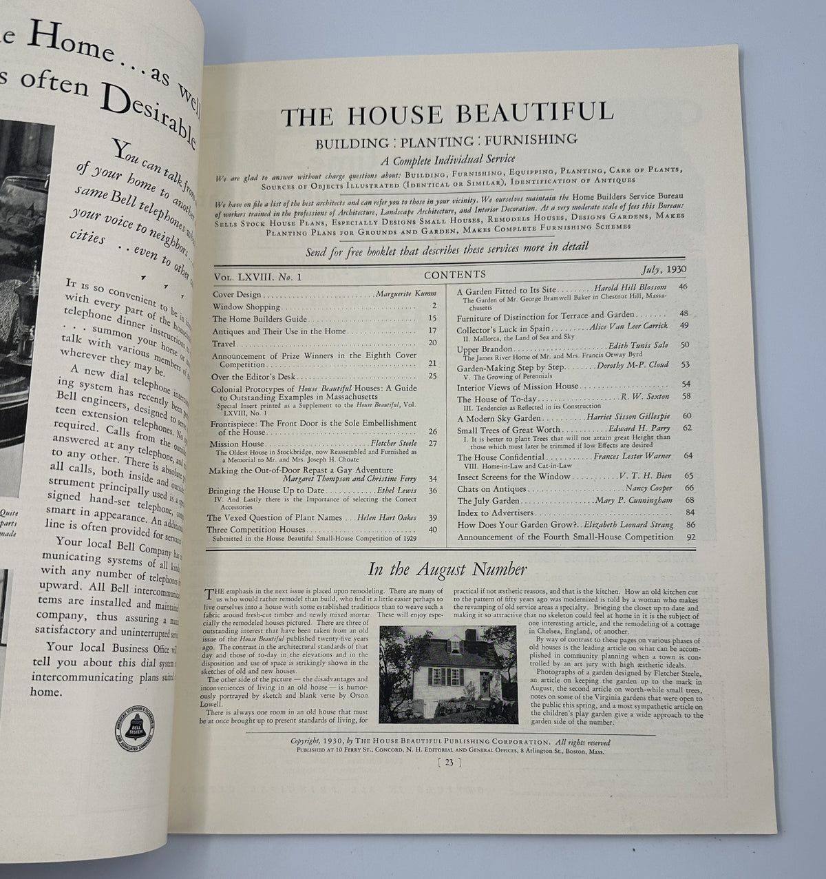 House Beautiful Magazine July 1930 table of contents highlighting articles focused on home design and architecture.