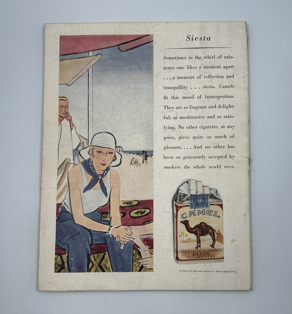House Beautiful Magazine July 1930 back cover featuring an illustration promoting Camel cigarettes with a serene moment by the sea.