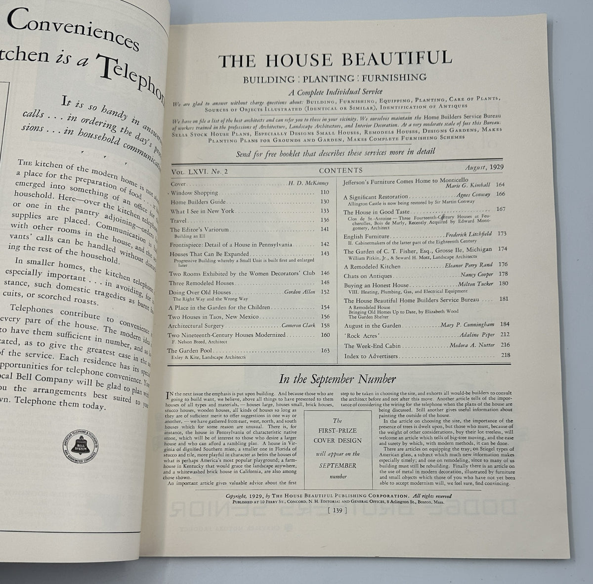 Interior page of House Beautiful Magazine August 1929 displaying the Table of Contents for articles on building and furnishing.