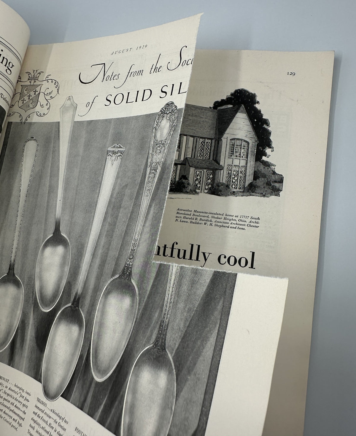 Page from House Beautiful Magazine August 1929 showcasing elegant spoons and an architectural feature.