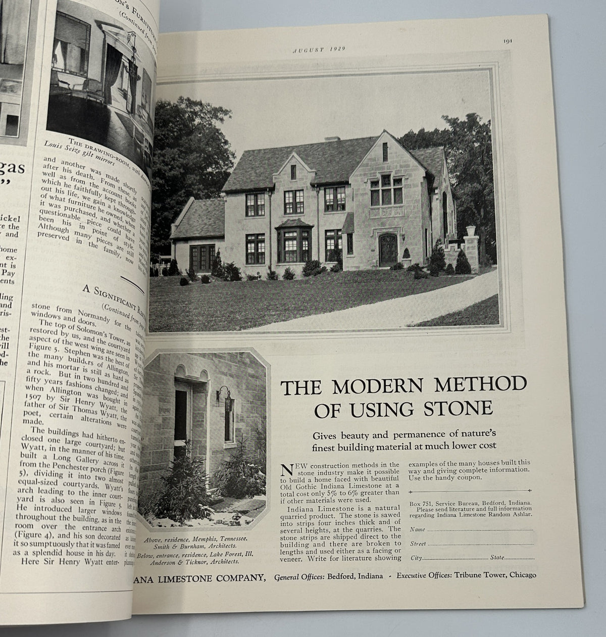 Article page from House Beautiful Magazine August 1929 discussing modern stone construction methods.