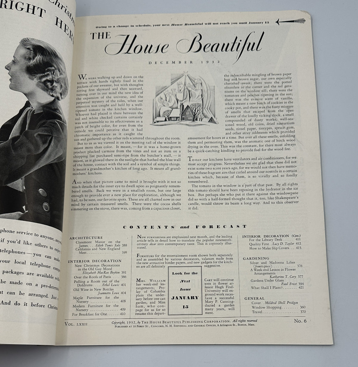 Cover of House Beautiful Magazine December 1932 featuring Christmas decorations and interior design insights. Includes a vintage illustration and detailed contents list.
