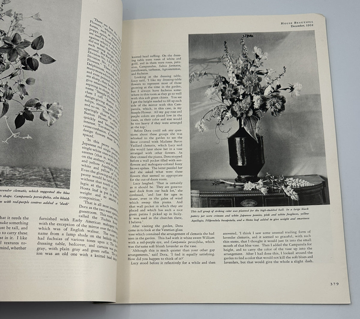 Interior page from House Beautiful Magazine December 1932 showcasing festive floral arrangements, highlighting Christmas decorations and design tips.