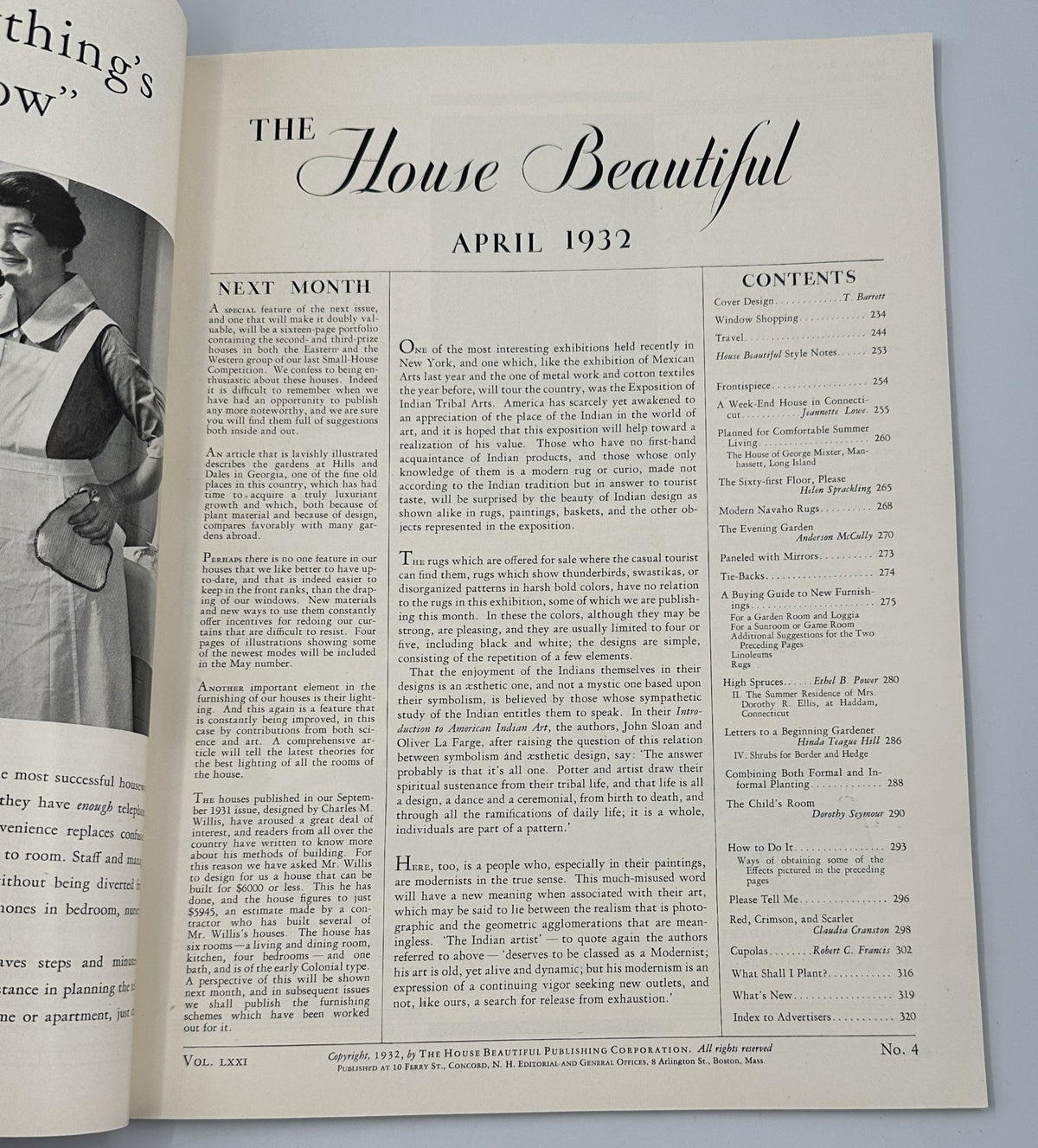 Inside page of House Beautiful Magazine, April 1932, showcasing the contents and introduction for the issue.