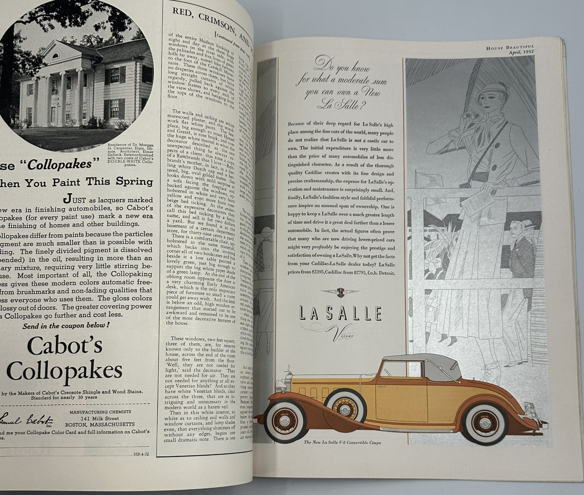 Another advertisement page in House Beautiful Magazine, April 1932, highlighting stylish outdoor cars and fashion items.