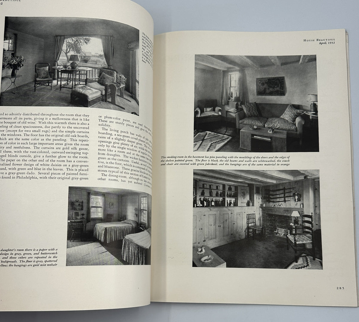 Interior design features in House Beautiful Magazine, April 1932, showcasing various living spaces with elegant furnishings.