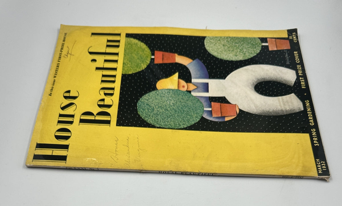 Side view of House Beautiful Magazine March 1932 highlighting the colorful cover with Spring Gardening design, labeled as a first prize cover.