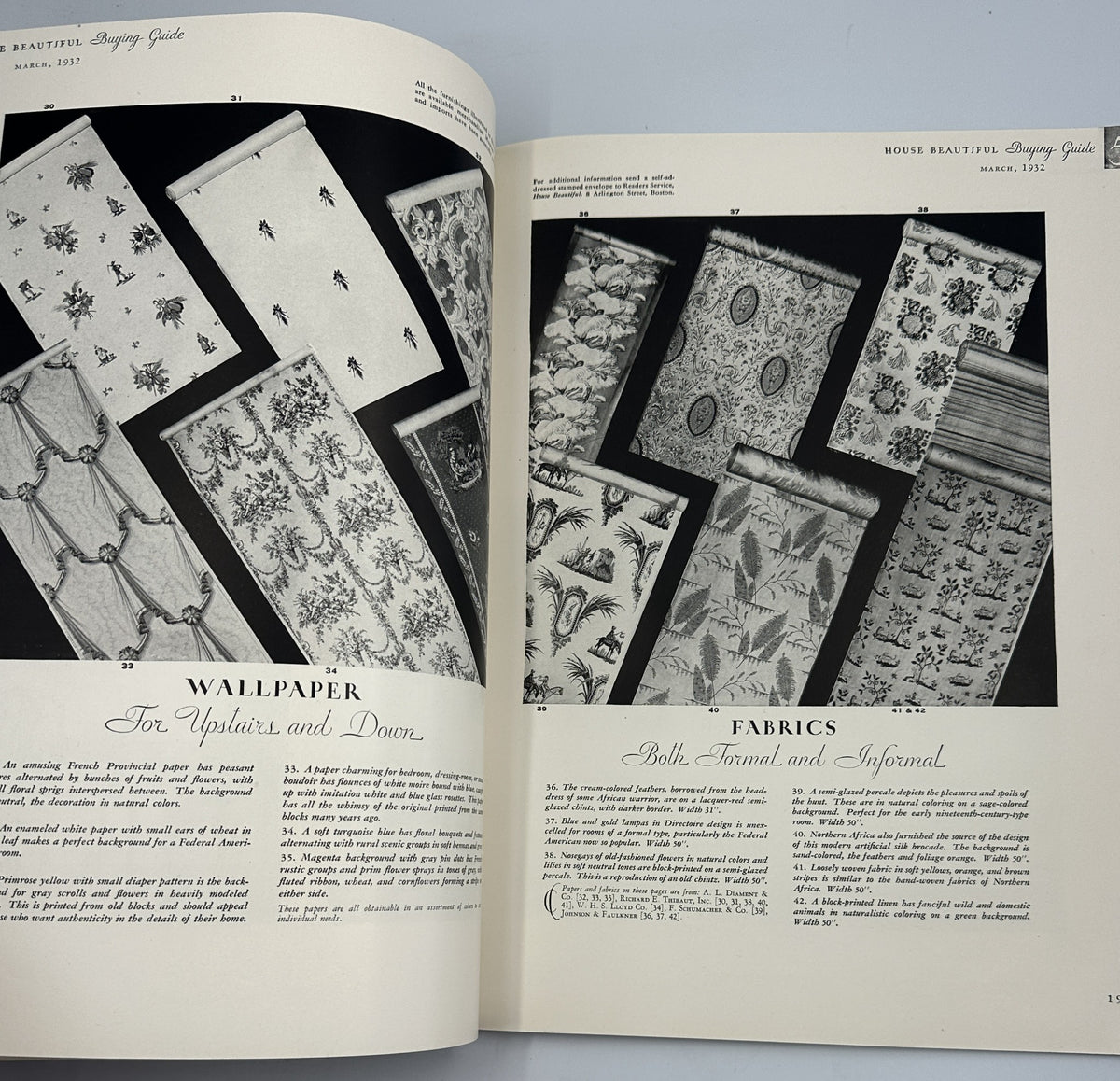 Page featuring wallpaper and fabric patterns from House Beautiful Magazine March 1932, highlighting design inspirations for home decoration.