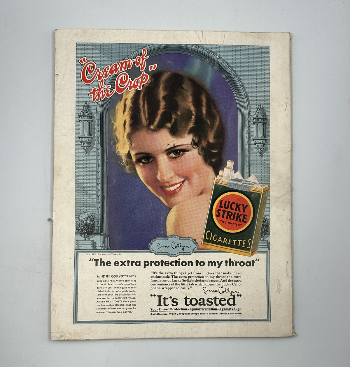 Vintage advertisement on the back cover of House Beautiful Magazine March 1932, featuring a woman and promoting Lucky Strike cigarettes with the tagline 'The extra protection to my throat'.