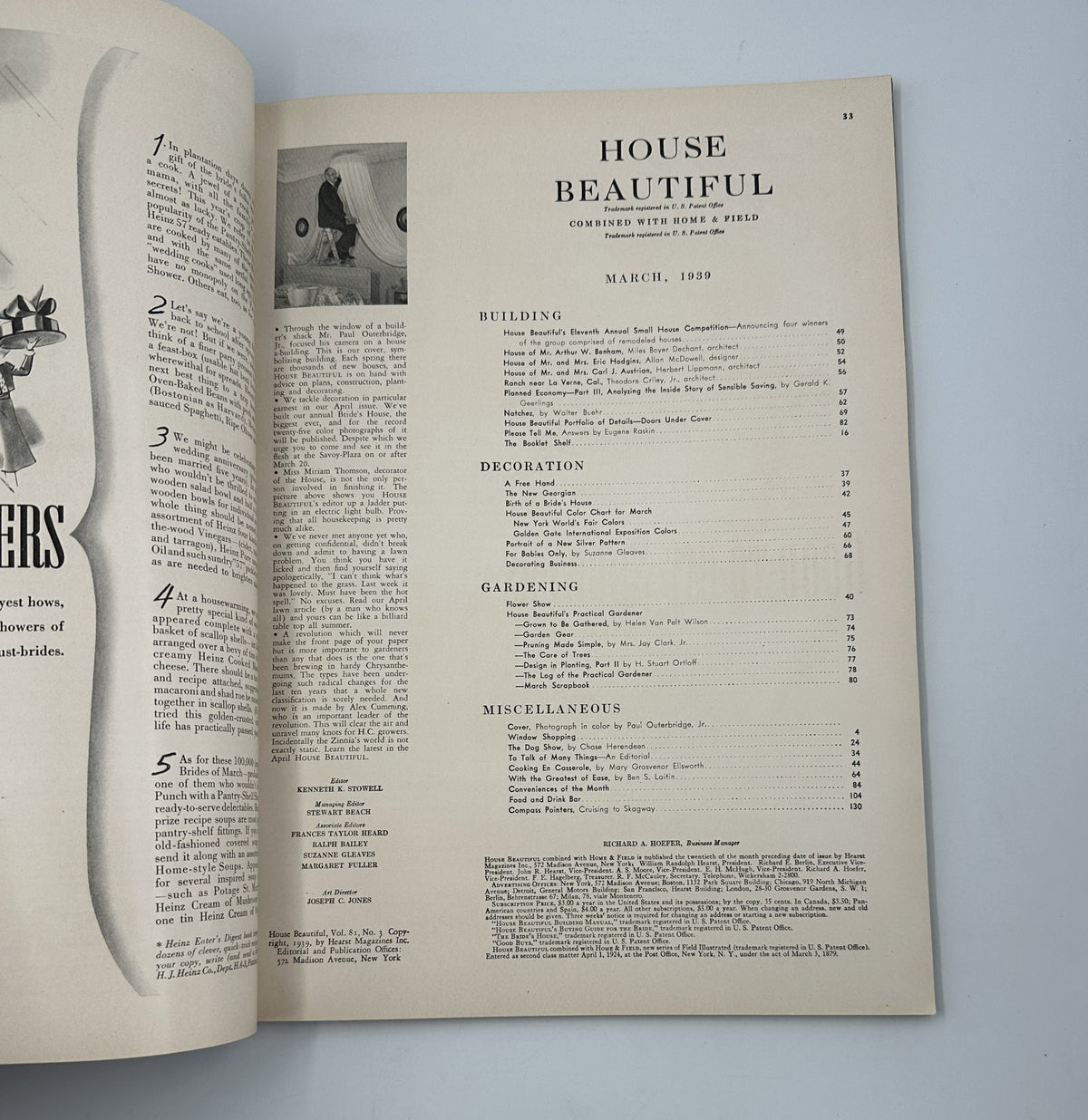 Interior page of the March 1939 House Beautiful magazine displaying the Table of Contents. Topics include Building, Decoration, Gardening, and Miscellaneous.
