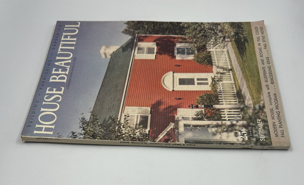 House Beautiful Magazine September 1941, showcasing a charming red house on the cover, highlighting modern house blueprints and fall planting programs.