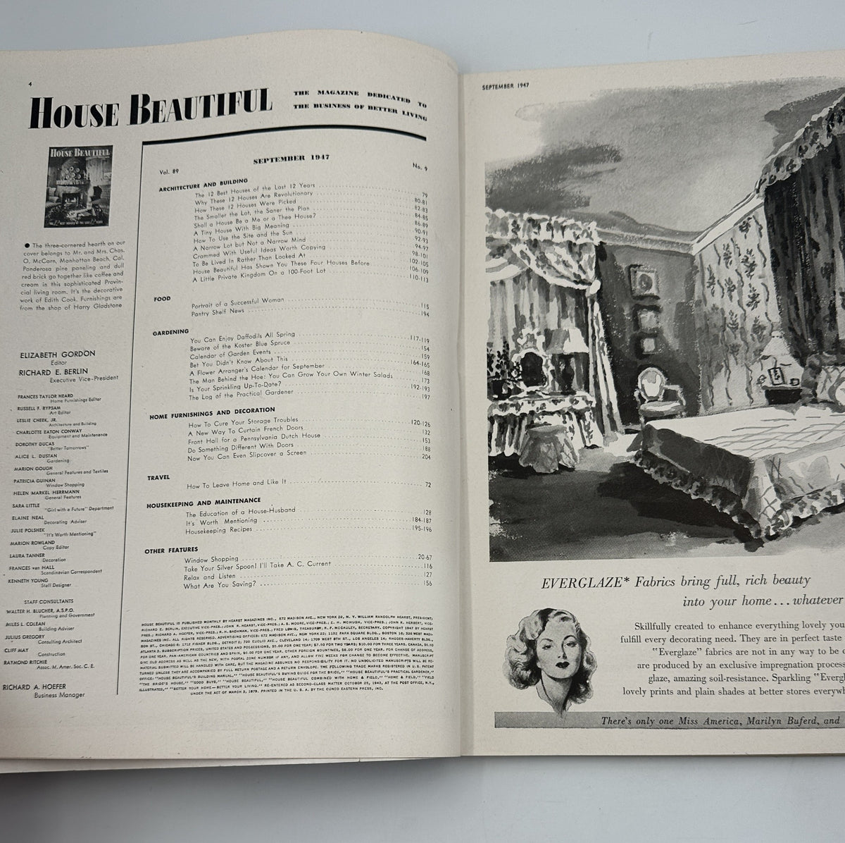 Interior page of House Beautiful Magazine September 1947 displaying the table of contents, detailing articles about architecture, interior design, and gardening, alongside the magazine title 'House Beautiful.'