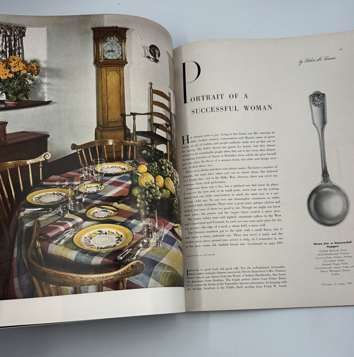Interior page of House Beautiful Magazine September 1947 featuring an article titled 'Portrait of a Successful Woman,' showcasing a beautifully set table and vintage home decor, under the magazine's branding.