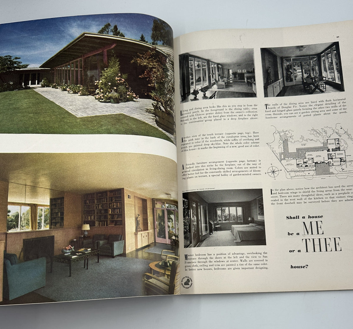 Interior design features from House Beautiful Magazine September 1947 showcasing modern architecture, living spaces, and garden views.