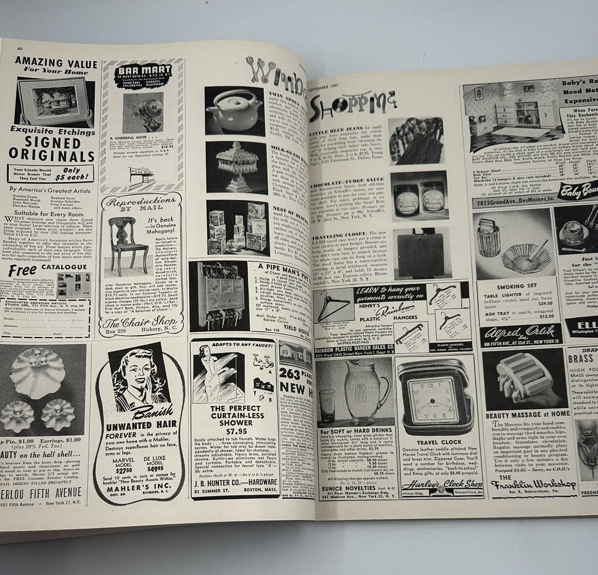 Vintage advertisement pages from House Beautiful Magazine September 1947 with home decor products and shopping options, reflecting mid-20th century style.