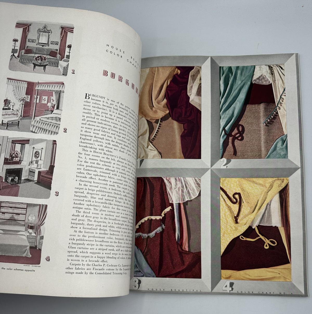 Page from House Beautiful Magazine, December 1937, presenting various color options in textile design for interior decoration, enhancing holiday decor themes.