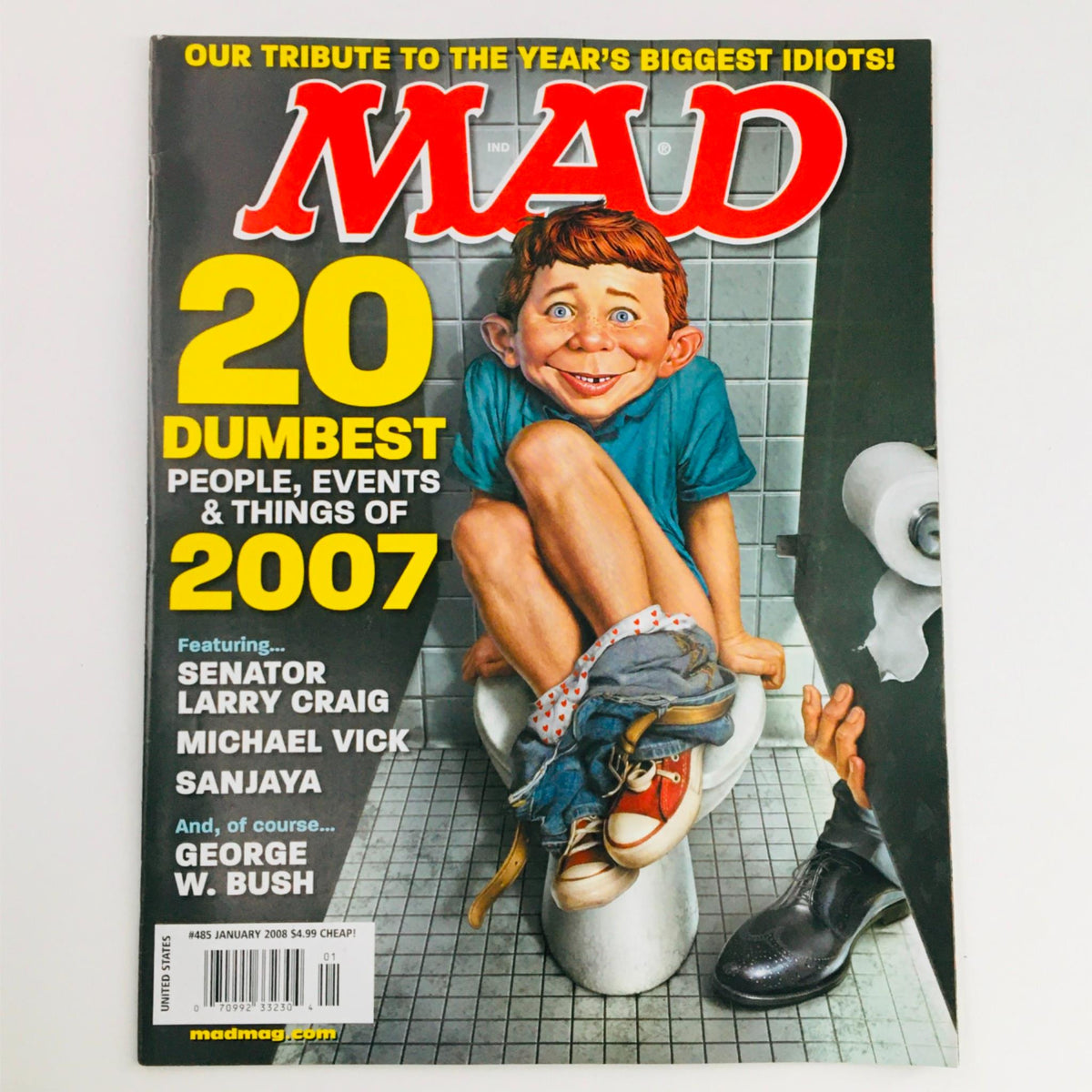 Mad Magazine January 2008 No. 485 featuring the cover illustration of '20 Dumbest People, Events & Things of 2007' with a humorous depiction of a boy sitting on a toilet, showcasing the magazine's iconic satirical style.