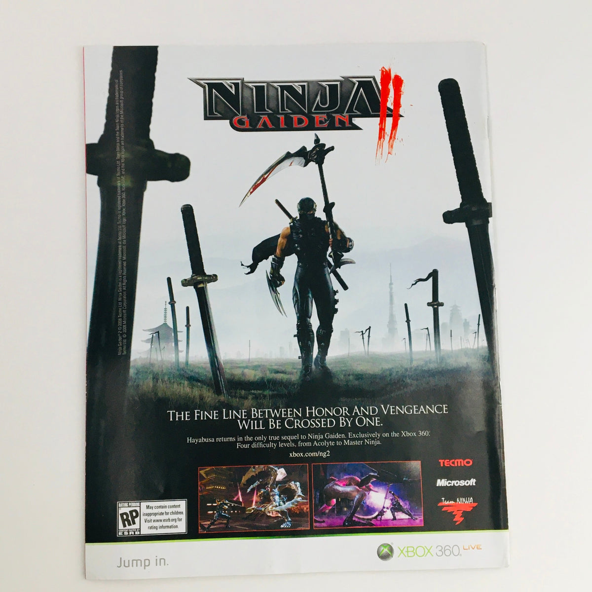 Advertisement for Ninja Gaiden II, featuring a dark, dramatic landscape with swords and a ninja character, promoting the Xbox 360 game.