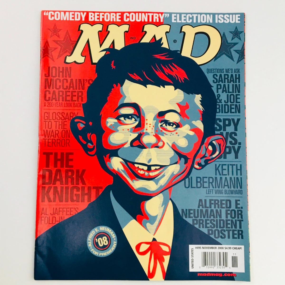 Cover of Mad Magazine November 2008 No. 495 featuring Alfred E. Neuman as a presidential candidate with the headline 'COMEDY BEFORE COUNTRY' and references to the 2008 election.