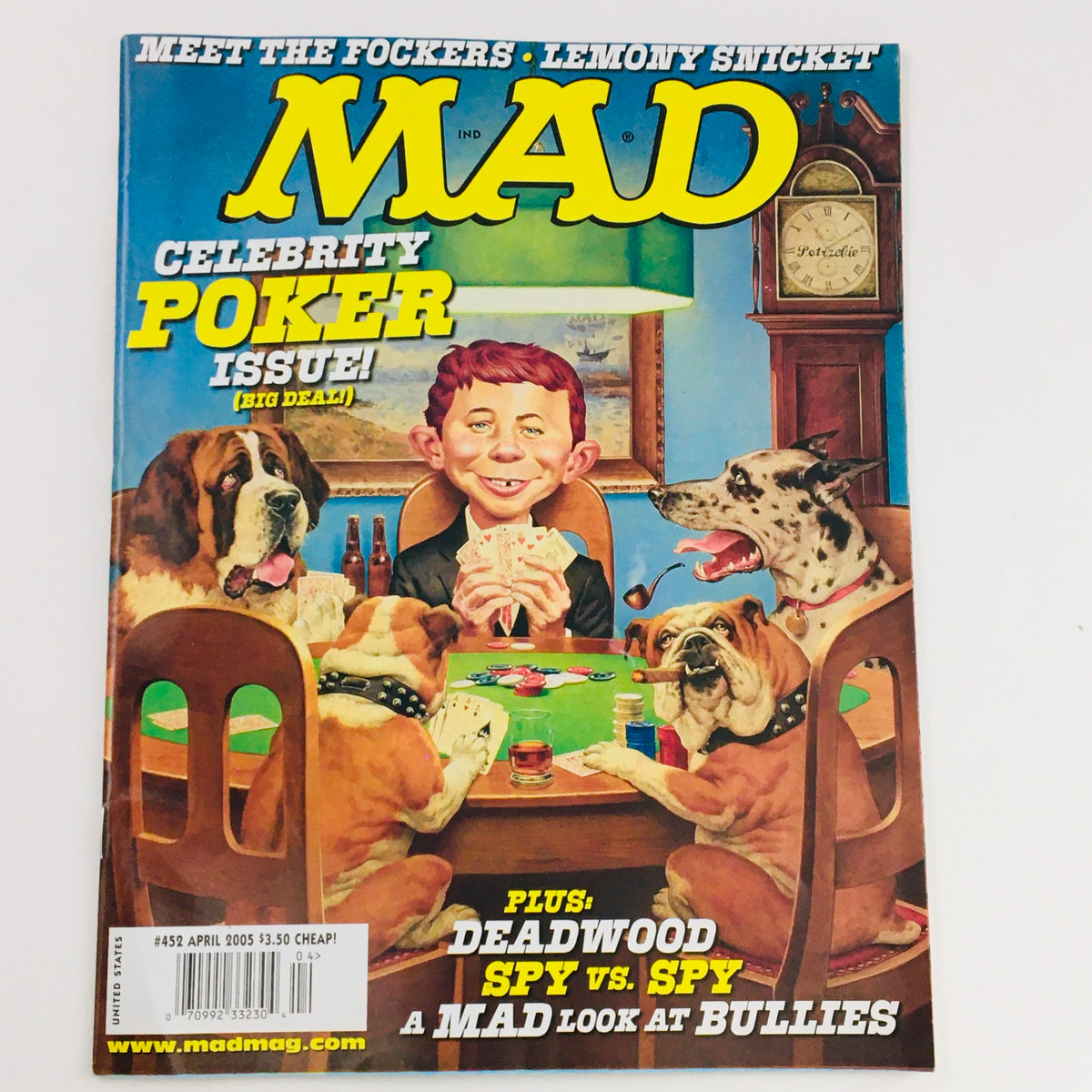 Cover of Mad Magazine April 2005 No. 452 Celebrity Poker Issue featuring a humorous illustration of a young boy and dogs playing poker.