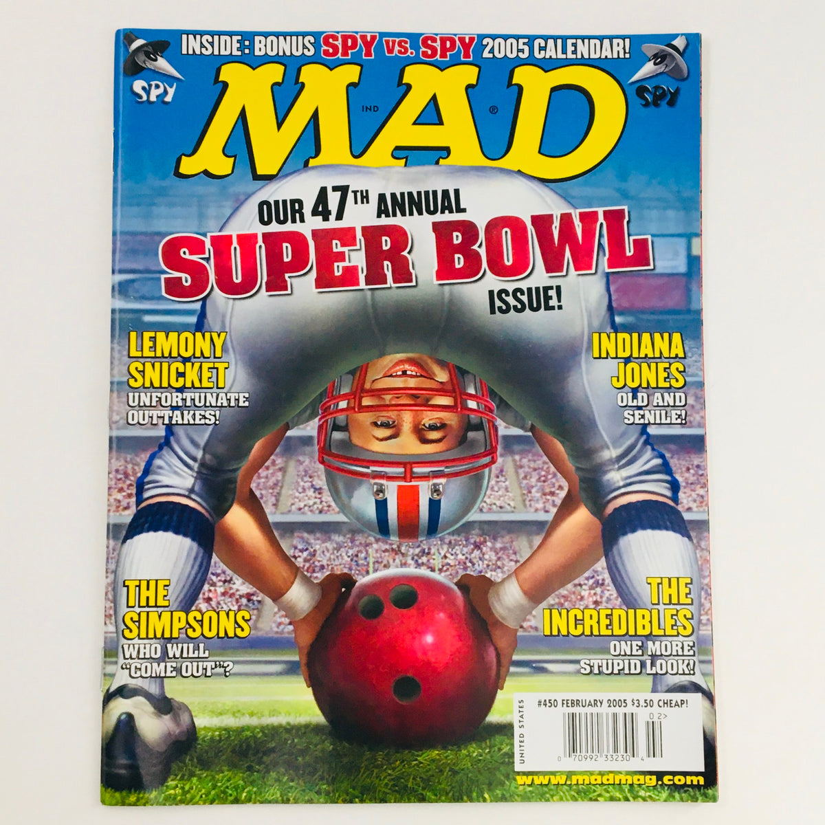 Mad Magazine February 2005 No. 450 47th Annual Super Bowl Issue cover featuring a humorous illustration of a football player in a comical pose, highlighting its focus on Super Bowl themes.