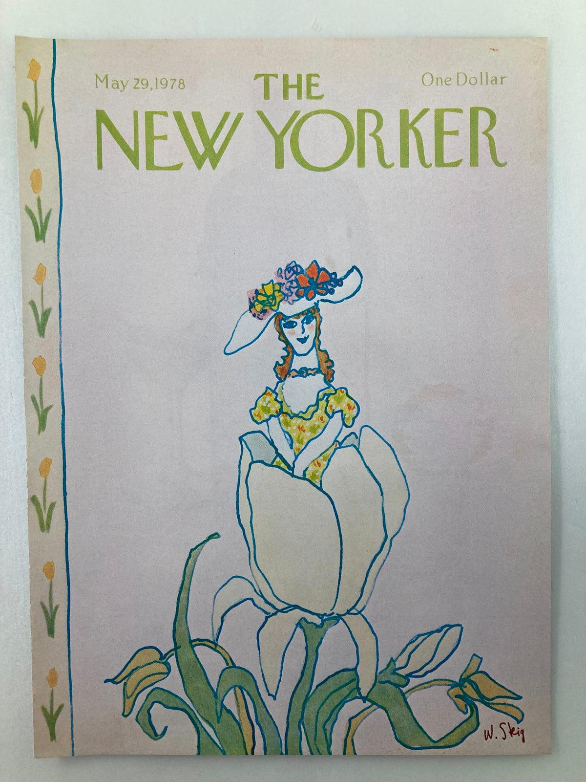 COVER ONLY The New Yorker May 29 1978 Flower Girl by William Steig, featuring the charming artwork of a young woman adorned with flowers, set against a pastel background.