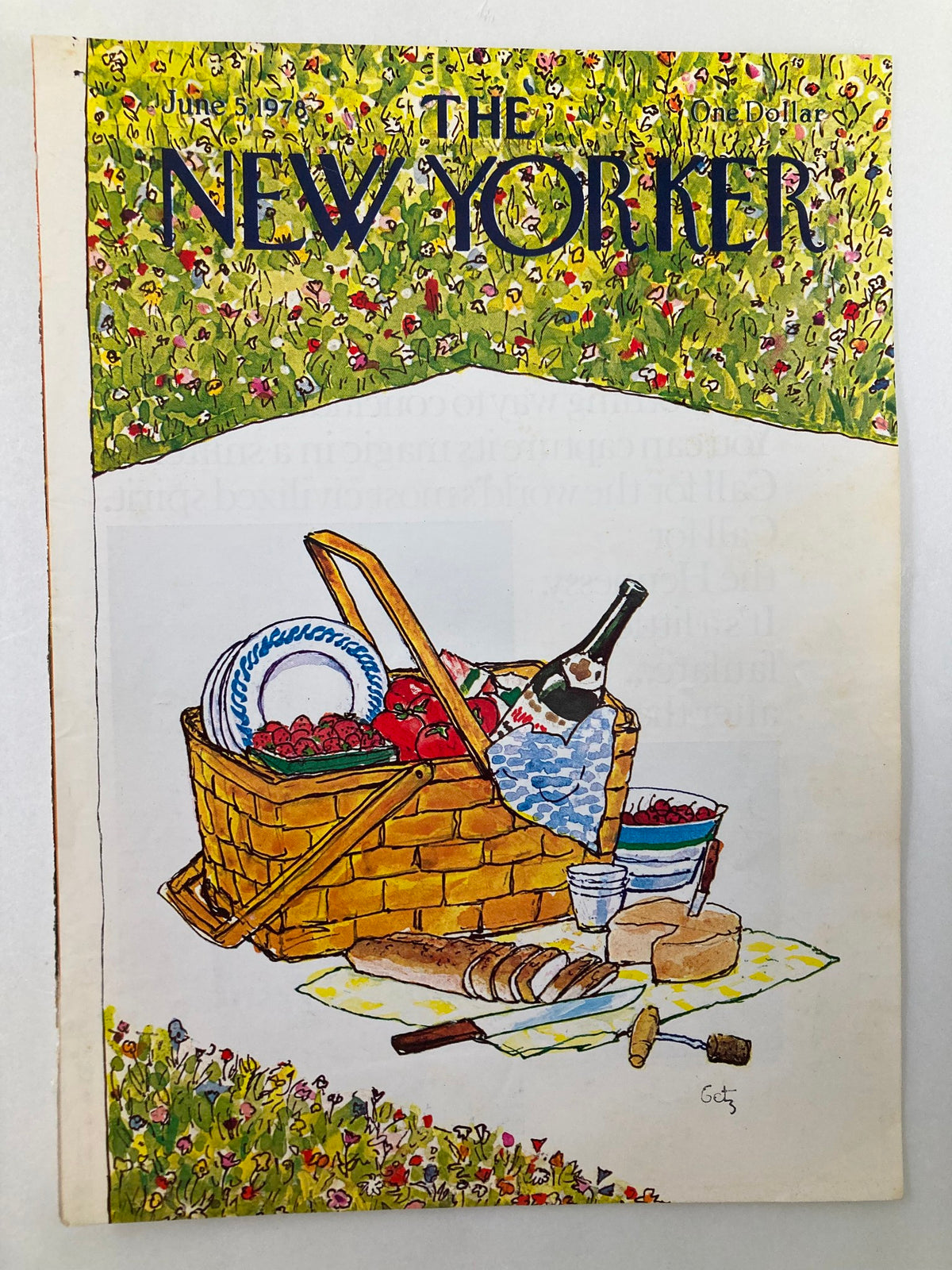Cover of The New Yorker dated June 5, 1978, designed by Arthur Getz, showcasing a delightful picnic setup with a basket, food items like bread and cheese, and a scenic background of blooming flowers.