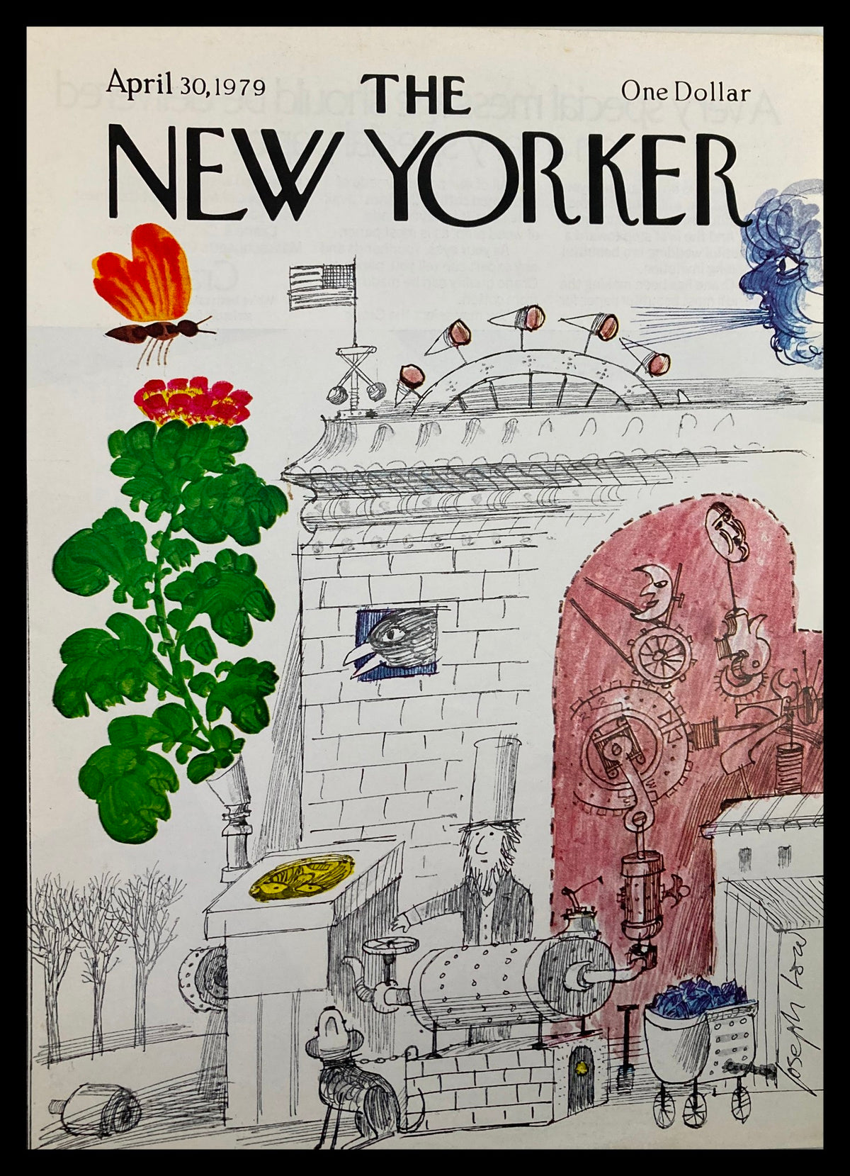 Cover of The New Yorker dated April 30, 1979, featuring inventive illustrations by Joseph Low, depicting whimsical inventions and creative designs.