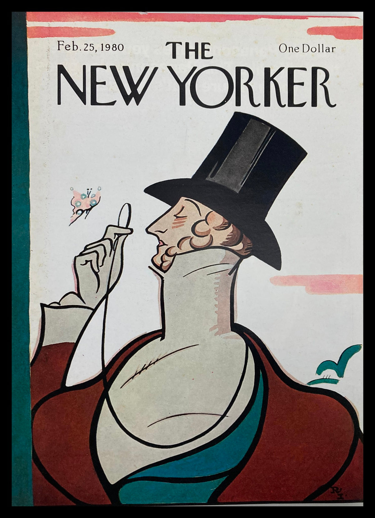 Cover only of The New Yorker February 25, 1980, featuring Eustace Tilley illustrated by Rea Irvin, showcasing the iconic character in vibrant colors and stylish attire.