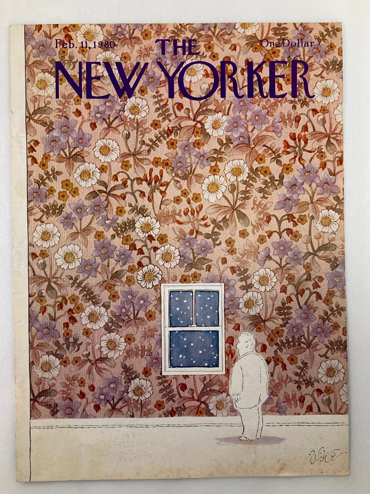 The New Yorker cover dated February 11, 1980, illustrating the Flower Wall by Michael Witte, with a character standing beside a window amidst a vibrant floral background.