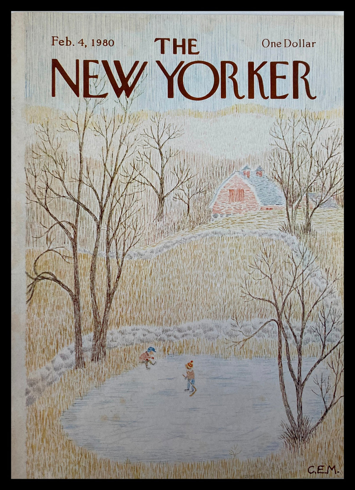Cover of The New Yorker dated February 14, 1980, featuring the illustration 'Ice Pond' by Charles E. Martin, showcasing two children ice skating on a frozen pond with a rustic cabin in the background.