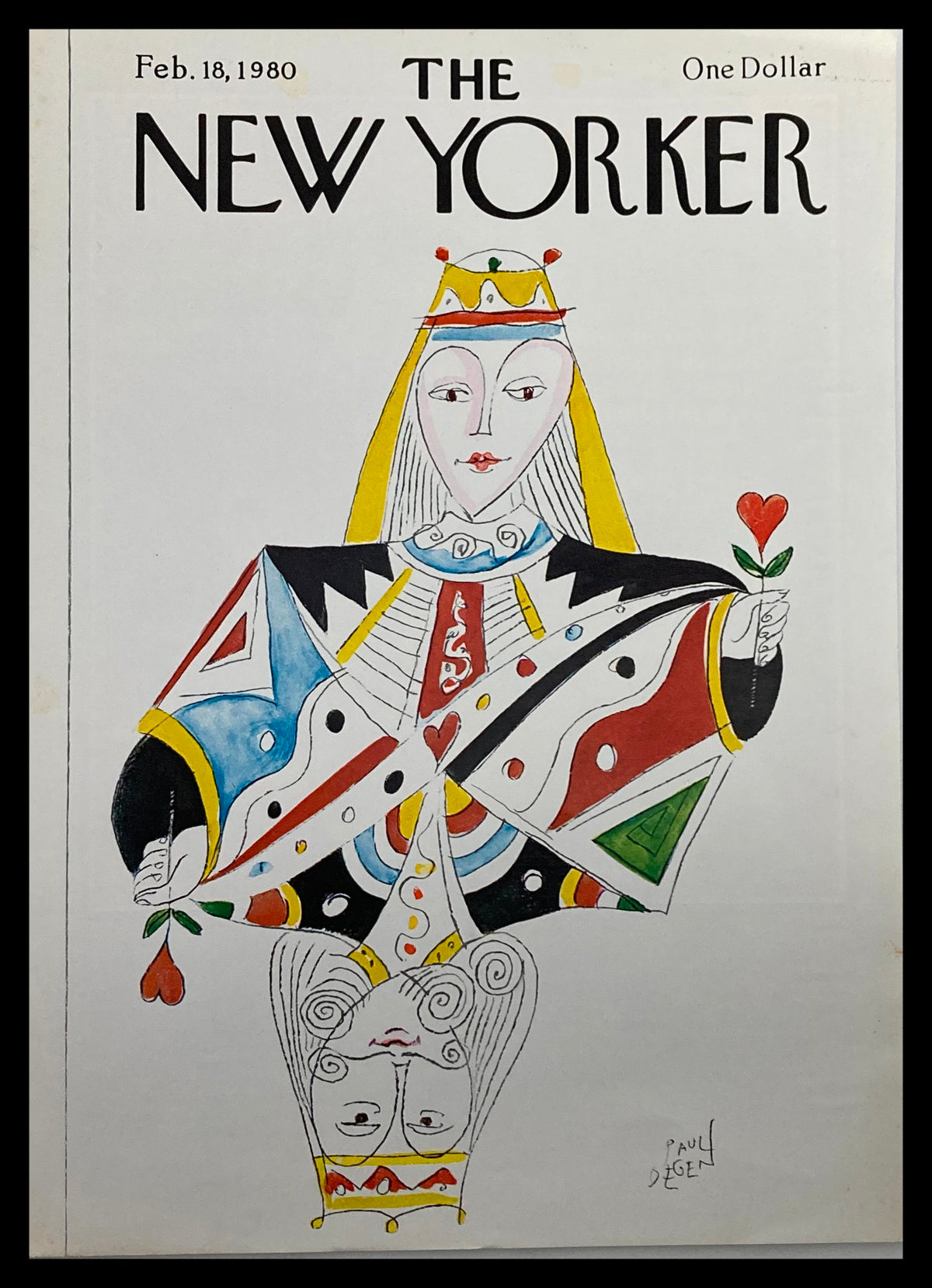 The New Yorker February 18 1980 cover featuring a colorful illustration of a King and Queen by Paul Degen, showcasing distinctive geometric patterns and playful colors.