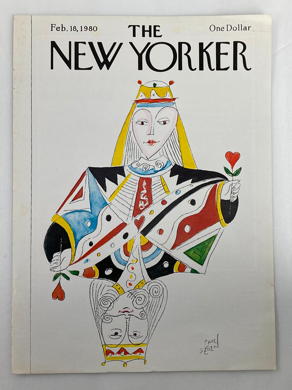 The New Yorker February 18 1980 cover illustrating a vibrant depiction of a King and Queen designed by Paul Degen, incorporating bold shapes and bright colors.