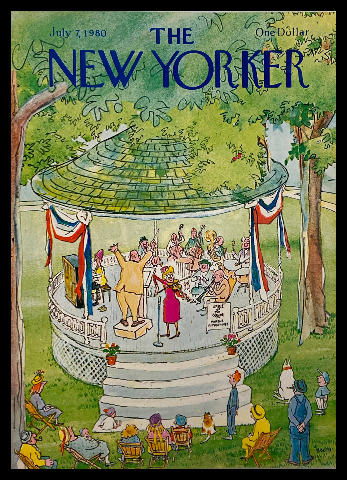 Cover art of The New Yorker dated July 7, 1980, featuring a colorful illustration titled 'Battle of the Somme' by C. Booth, depicting a lively outdoor gathering around a gazebo.