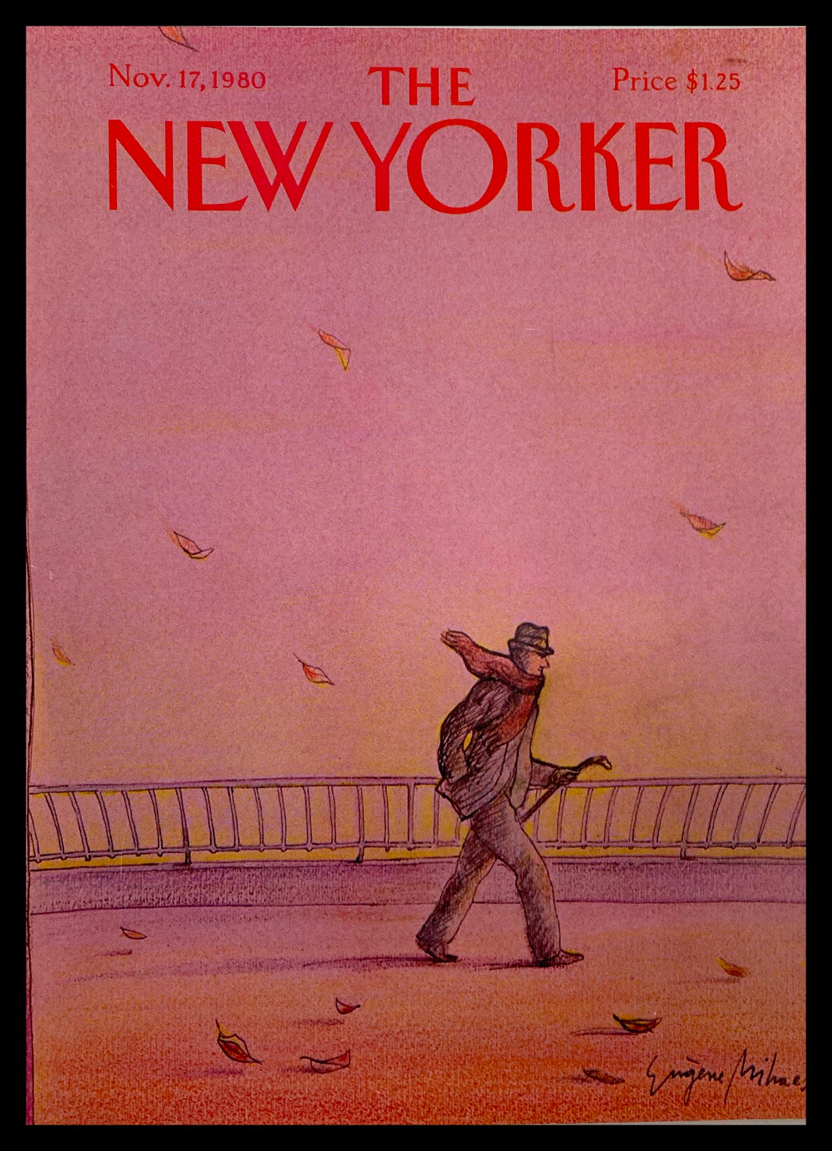 Cover art from The New Yorker, dated November 17, 1980, titled 'Windy Walk' by E. Mihaesco, depicting a man walking against a vibrant pink background with autumn leaves.