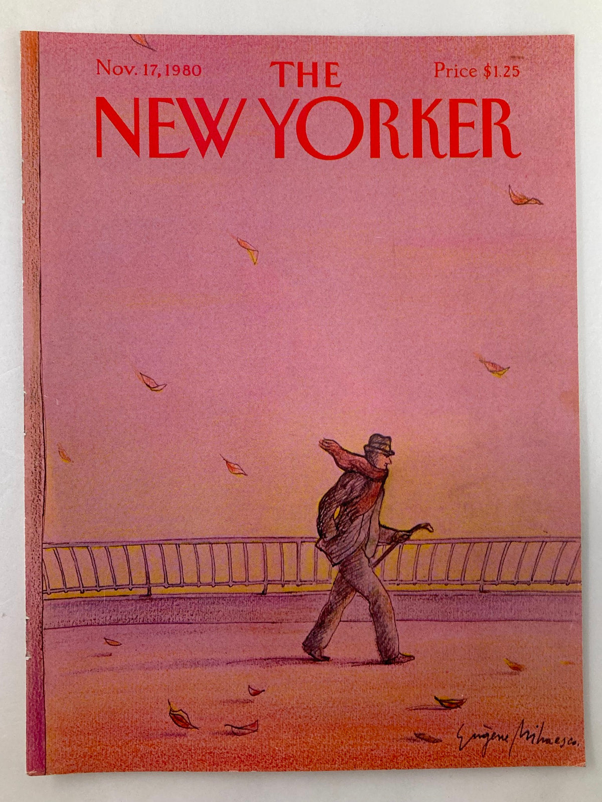 Cover of The New Yorker, November 17, 1980, showcasing the artwork 'Windy Walk' by E. Mihaesco, illustrating a figure walking amidst a pastel landscape with swaying leaves.