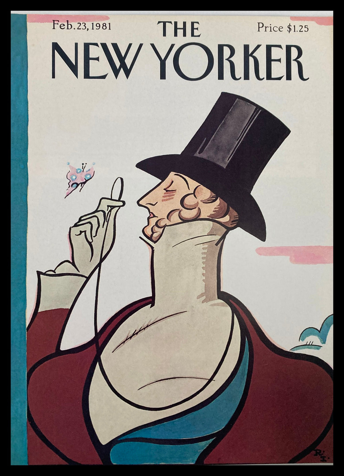 Cover of The New Yorker dated February 23, 1981 featuring artwork of Eustace T by Rea Irvin, showcasing a well-dressed gentleman in a top hat with a butterfly illustration.