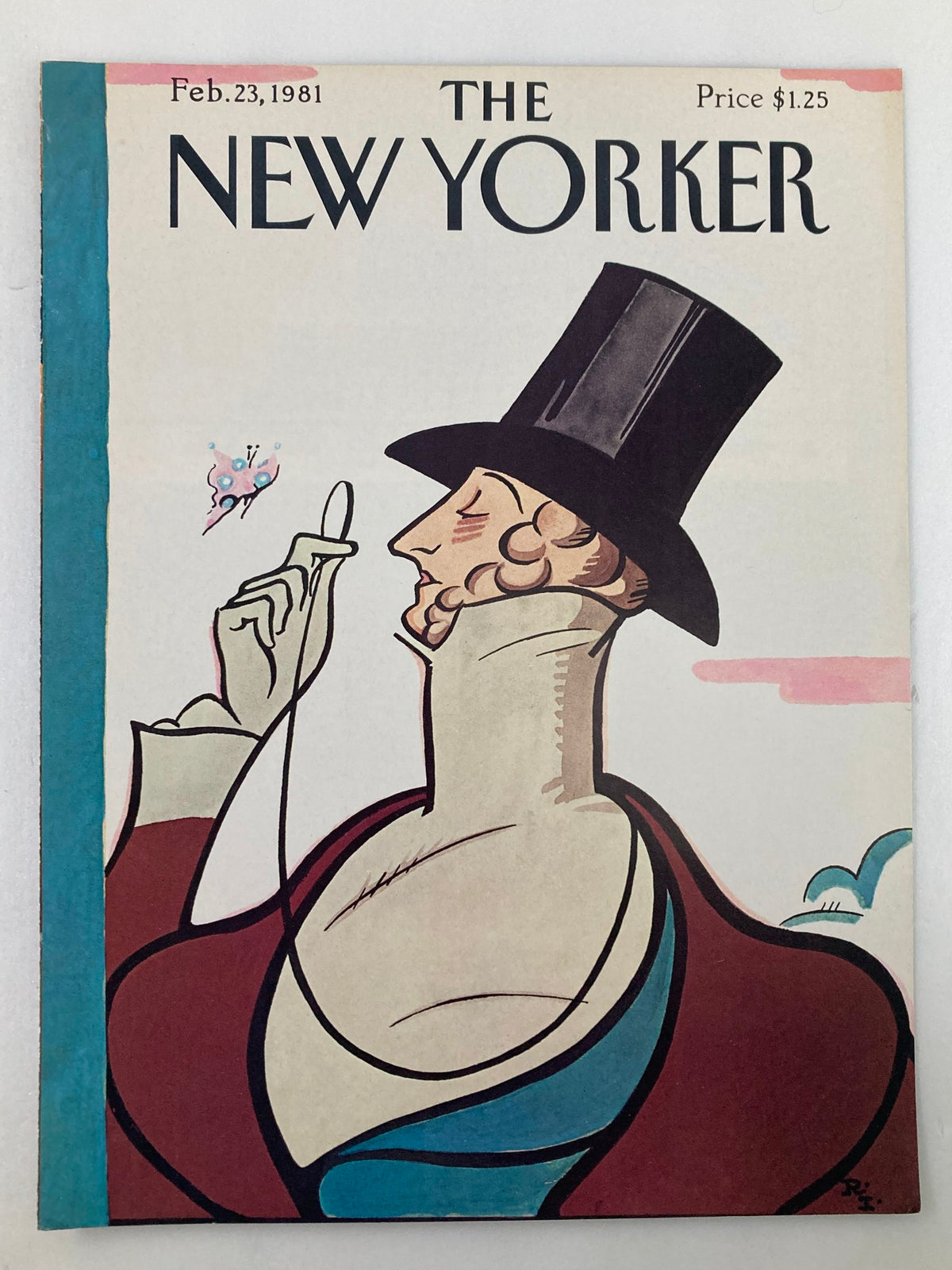 The New Yorker magazine cover from February 23, 1981, displaying Eustace T by Rea Irvin, depicting a stylish man in a top hat, with whimsical butterfly and cloud designs.