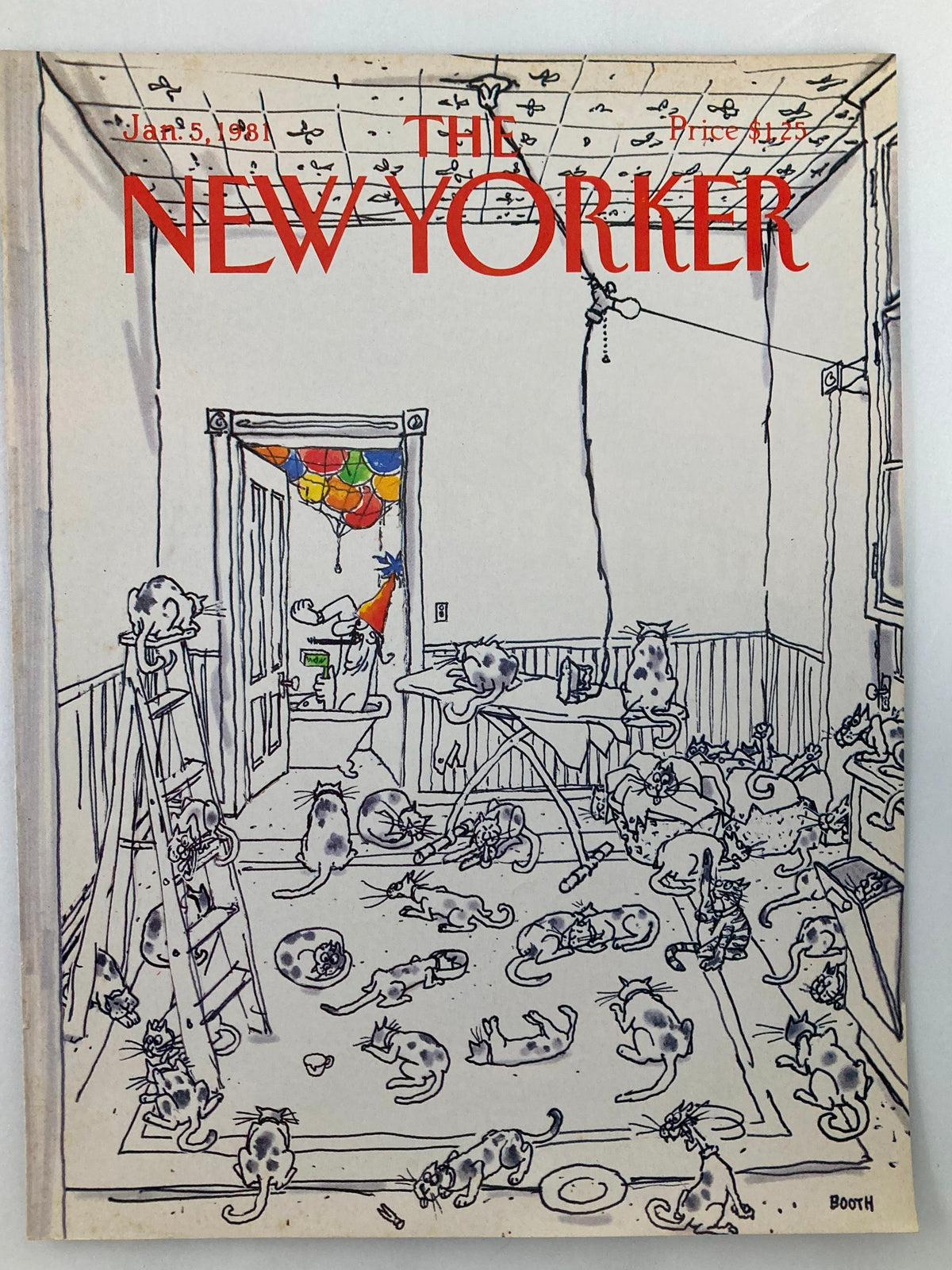 Front cover of The New Yorker from January 5, 1981 with whimsical cat-themed artwork by Charles Booth, depicting playful cats in a vibrant room.