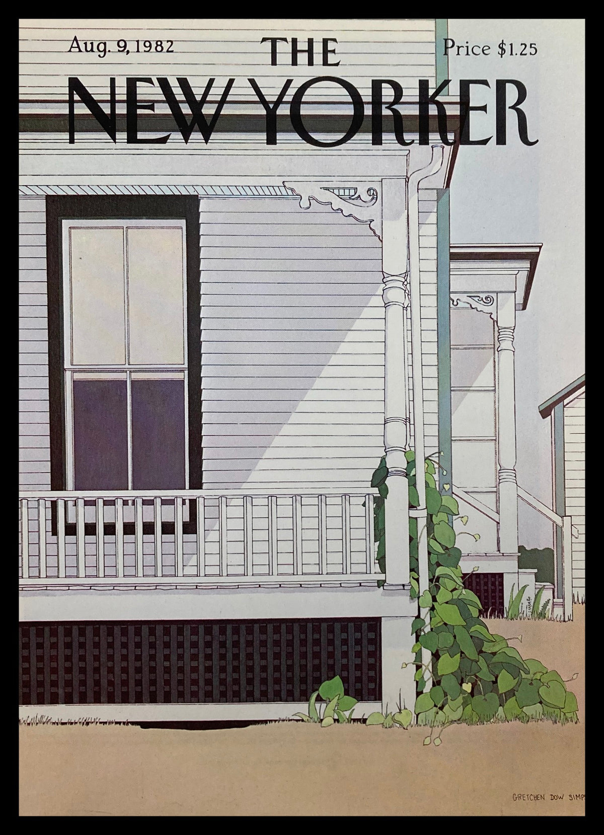Vintage cover of The New Yorker magazine dated August 9, 1982, featuring the artwork 'Quiet Neighbor' by Gretchen Dow. The cover depicts a serene house scene with architectural details and greenery.
