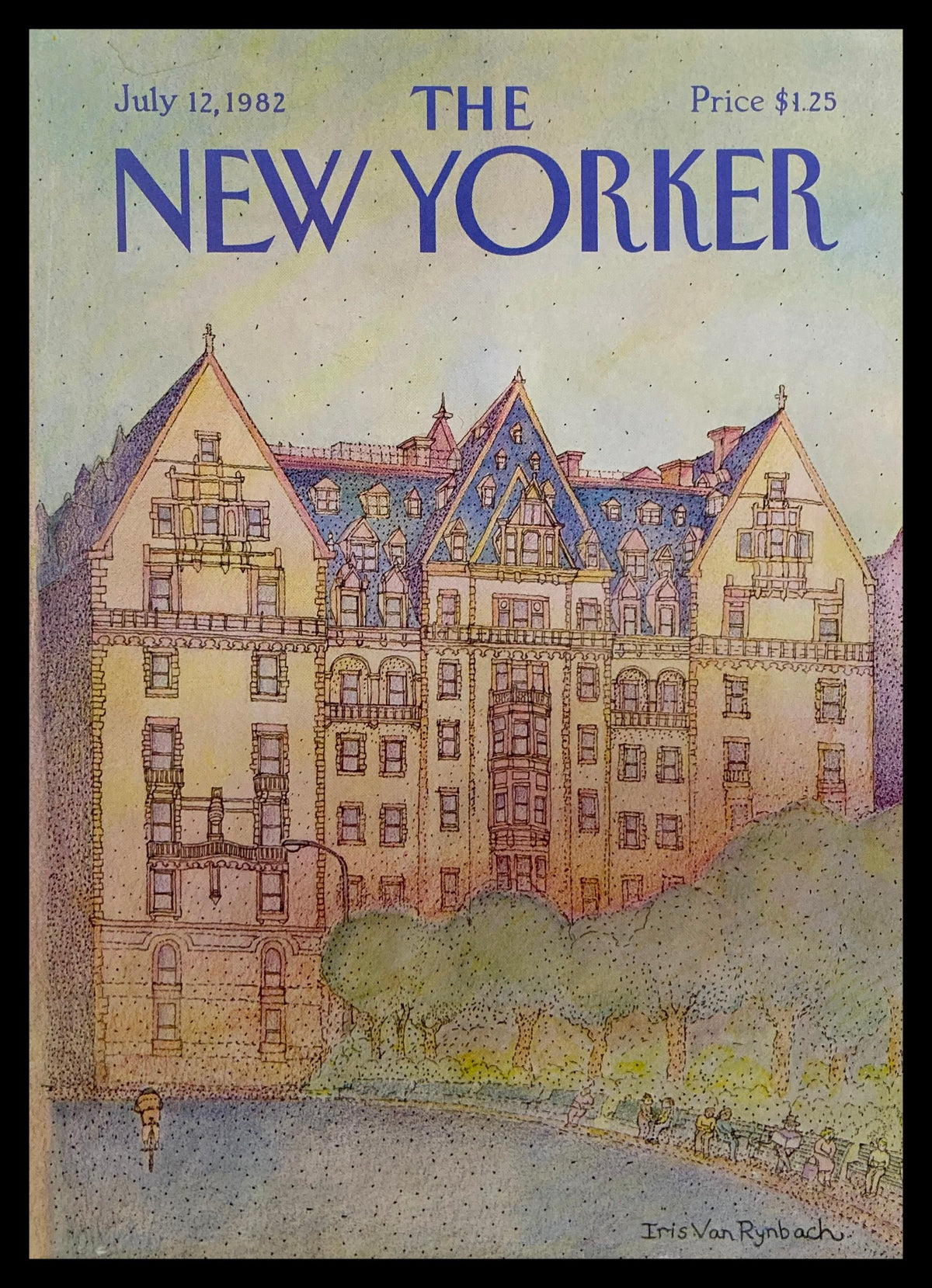 The New Yorker Cover from July 12, 1982 by Iris Van Rybach showcasing a vibrant streetscape with intricate details of a building and surrounding trees.